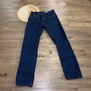 GUSTIN Selvedge Straight Fit Blue Denim Dark Wash Button Fly Mens Jeans READ DES